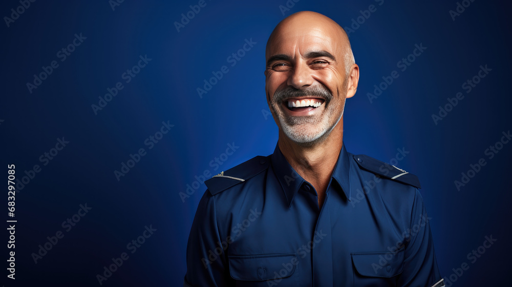 Optimistic 55-year-old male pilot, smiling and laughing, wearing a Bright solid indigo dress Optimistic 55-year-old male pilot, smiling and laughing, wearing a Bright solid indigo dress