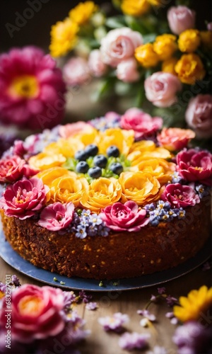 Flower cake, flowers, food photography, beautiful, delicious food, recipe photography, realistic, natural light, colorful, food art, object photography, still life food photography, ultra hd, bokeh, c
