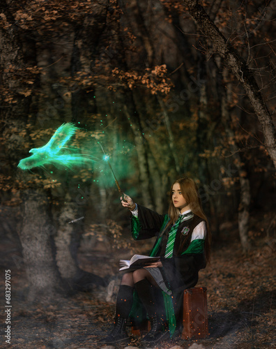 young sorceress in the forest. patronus spell. Slytherin © olenakucher
