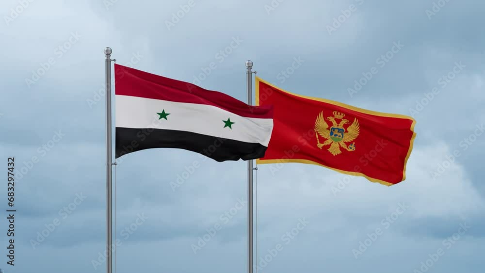 Montenegro and Syria flag waving together on cloudy sky, endless seamless loop, two country cooperation concept Montenegro and Syria flag waving together on cloudy sky, endless seamless loop, two country cooperation concept