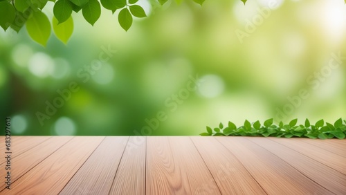 Empty Wooden Table with Defocused Green Lush Foliage