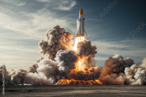 Launching a ballistic missile from the ground with smoke and fire against a blue sky background. photo