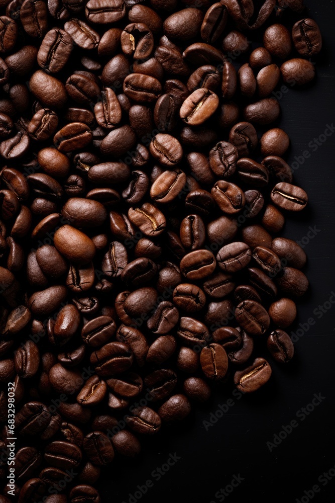 Obraz premium Coffee beans on dark background, top view