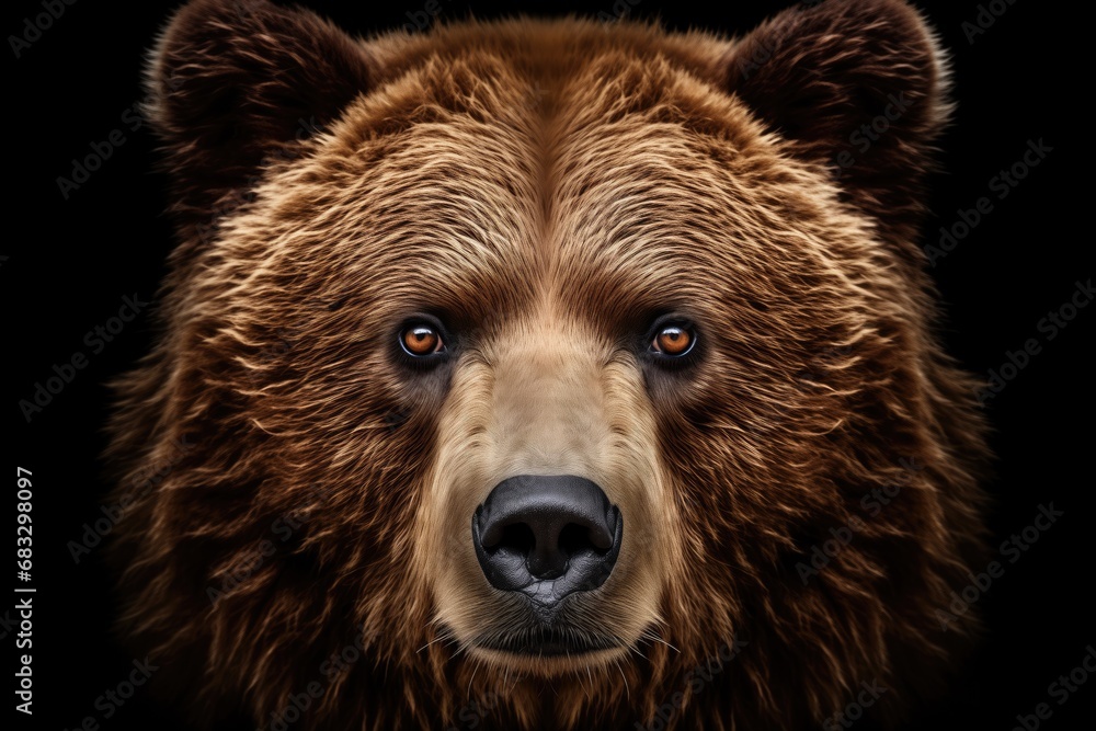 Fototapeta premium Front view of brown bear isolated on black background. Portrait of Kamchatka bear (Ursus arctos beringianus)