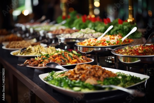 Catering buffet food on a long table in a hotel restaurant photo
