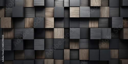 Abstract block stack wooden 3d cubes, black wood texture for backdrop photo