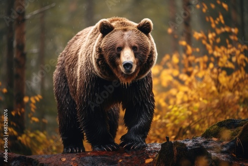 Front view of brown bear in autumn forest. Portrait of Kamchatka bear