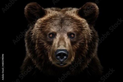 Front view of brown bear isolated on black background. Portrait of Kamchatka bear (Ursus arctos beringianus) photo