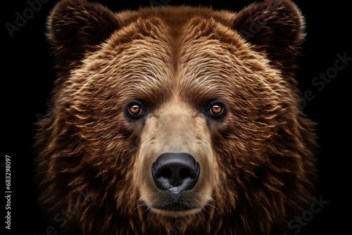 Front view of brown bear isolated on black background. Portrait of Kamchatka bear (Ursus arctos beringianus) photo