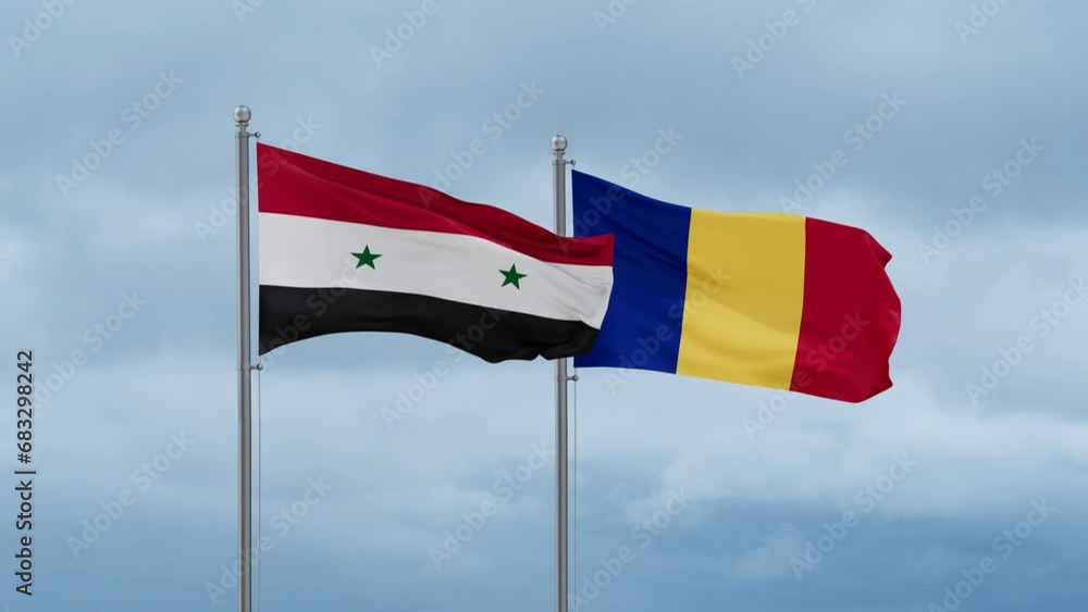 Romania and Syria flag waving together on cloudy sky, endless seamless loop, two country cooperation concept Romania and Syria flag waving together on cloudy sky, endless seamless loop, two country cooperation concept