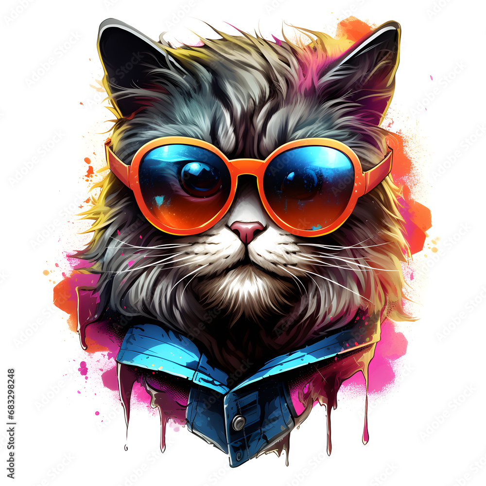 Portrait of a cartoon cat wearing sunglasses, neon punk costumes, on white background.