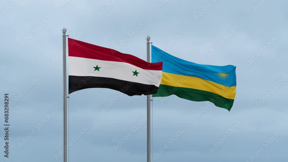 Republic of Rwanda and Syria flag waving together on cloudy sky, endless seamless loop, two country cooperation concept Republic of Rwanda and Syria flag waving together on cloudy sky, endless seamless loop, two country cooperation concept
