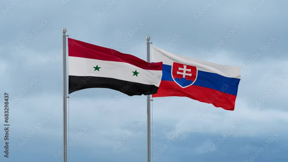 Slovak Republic or Slovakia and Syria flag waving together on cloudy sky, endless seamless loop, two country cooperation concept Slovak Republic or Slovakia and Syria flag waving together on cloudy sky, endless seamless loop, two country cooperation concept