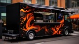 a stylish black food truck, serving delectable burgers and Asian cuisine against the backdrop of a bustling street food festival.