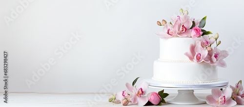 Wedding cake adorned with mastic flowers on a wooden table Ideal for a menu or confectionery catalog photo