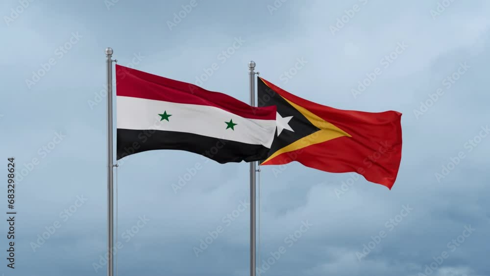 East Timor and Syria flag waving together on cloudy sky, endless seamless loop, two country cooperation concept East Timor and Syria flag waving together on cloudy sky, endless seamless loop, two country cooperation concept