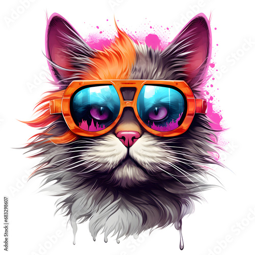 Portrait of a cartoon cat wearing sunglasses, neon punk costumes, on white background.