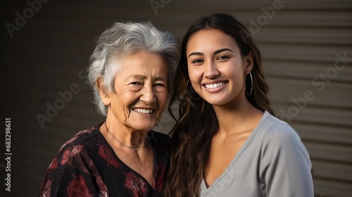 Caring Companionship: Capture the essence of happiness as a female caregiver provides support, standing arm in arm with a senior woman against a wall
