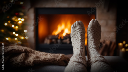 Feet in knitted socks against the background of a fireplace ​