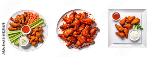 Set of buffalo wings on plate, shot from top down view, Isolated cutout on transparent background  isolated on transparent background