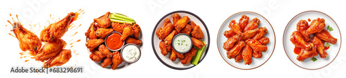 Set of buffalo wings on plate, shot from top down view, Isolated cutout on transparent background  isolated on transparent background