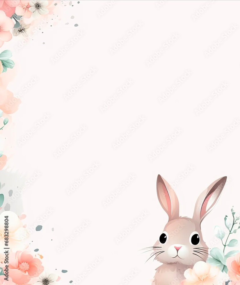  cute little easter bunny  with flowers in a vertical frame, pink background, for spring and summer invitations, card and banners