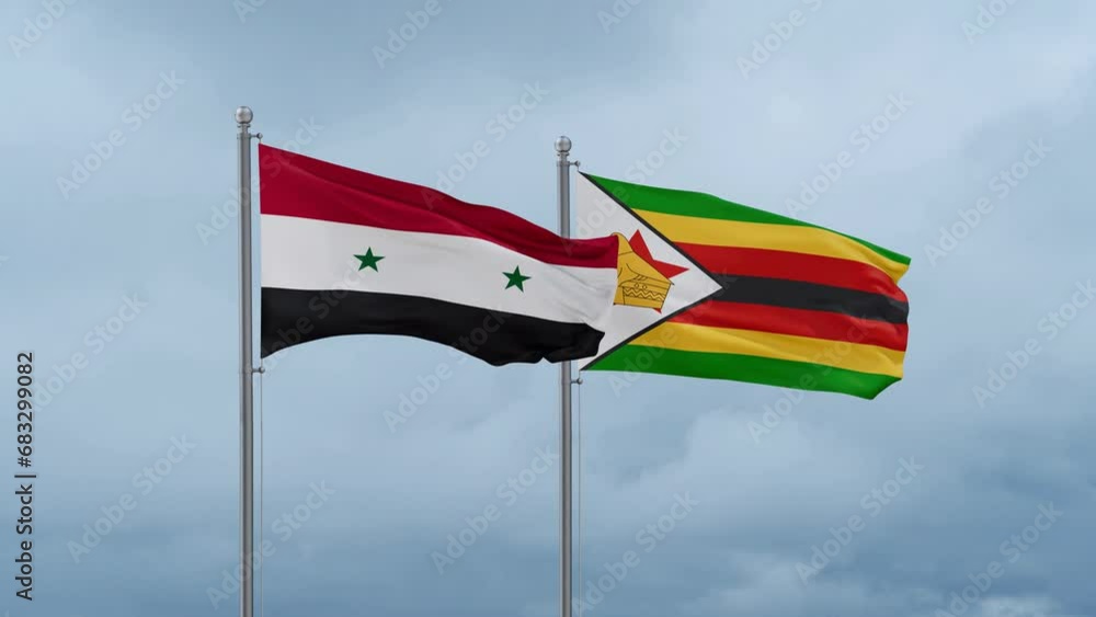 Zimbabwe and Syria flag waving together on cloudy sky, endless seamless loop, two country cooperation concept Zimbabwe and Syria flag waving together on cloudy sky, endless seamless loop, two country cooperation concept