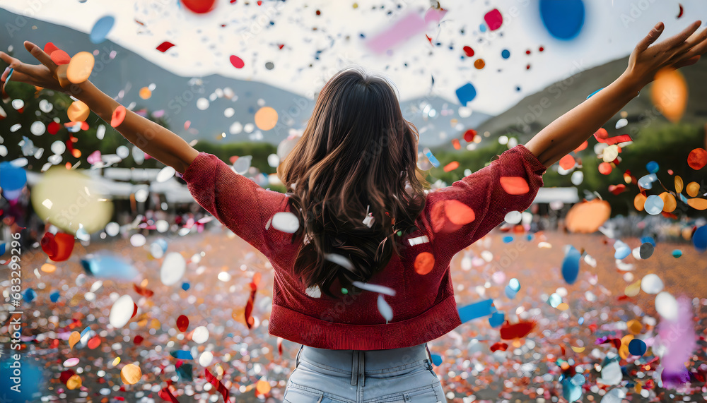 Obraz premium girl opens her arms in a feeling of fullness, confetti falling