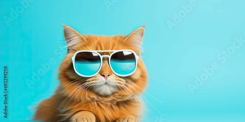Closeup portrait of cute ginger cat wearing sunglass