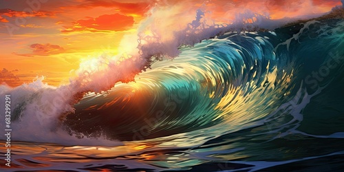 Colorful wave splashing into the sunset