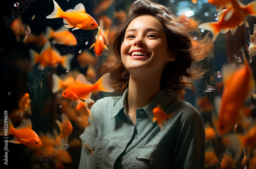 Beautiful Asian woman surrounded by orange fish.