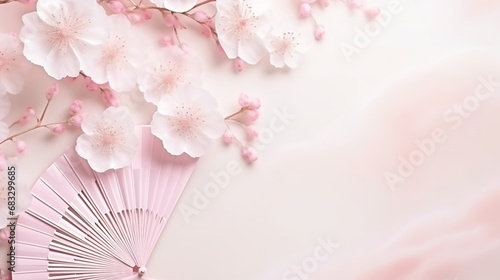 Traditional Japanese fan sensu in pink sakura blossom  spring vibes background
