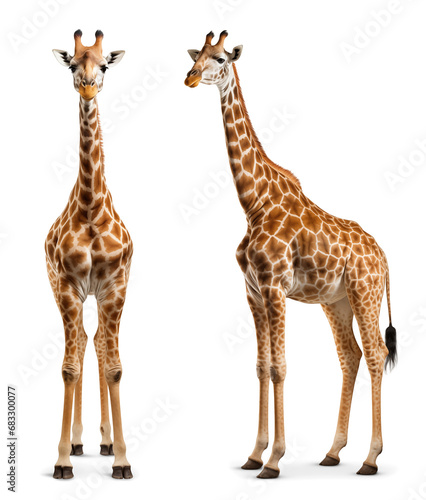 front and side view portrait of giraffe on isolated background