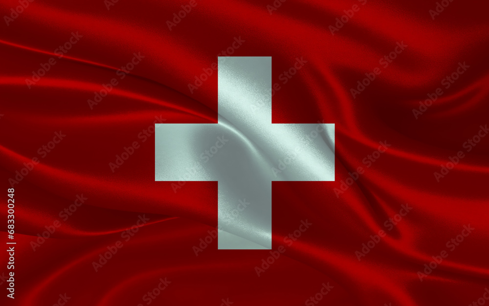 Fototapeta premium 3d waving realistic silk national flag of Switzerland. Happy national day Switzerland flag background. close up