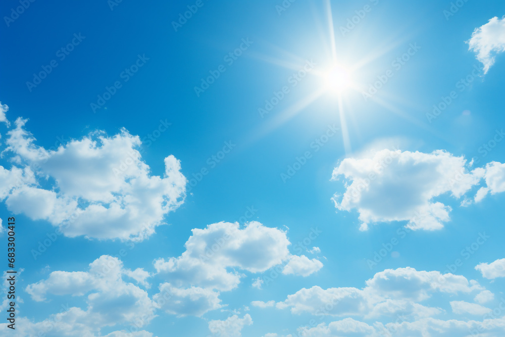 illustration of blue sky with clouds and sun background. Created with Generative AI illustration of blue sky with clouds and sun background. Created with Generative AI