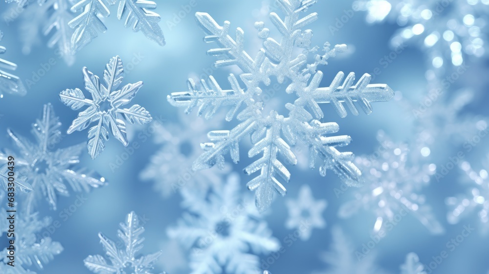 Close-up macro shot of snowflakes on a blue background. Winter ice pattern. Close-up macro shot of snowflakes on a blue background. Winter ice pattern.