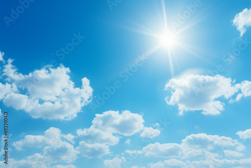 illustration of blue sky with clouds and sun background. Created with Generative AI