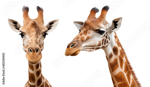 two set of giraffe head, front and side view, isolated background