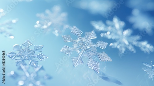 Close-up macro shot of snowflakes on a blue background. Winter ice pattern.