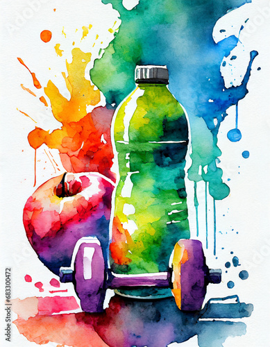 vibrant color Fitness & Health in watercolor with white background