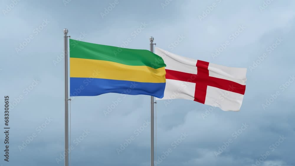 England flag and Gabon flag waving together on cloudy sky, endless seamless loop, two country relations concept England flag and Gabon flag waving together on cloudy sky, endless seamless loop, two country relations concept