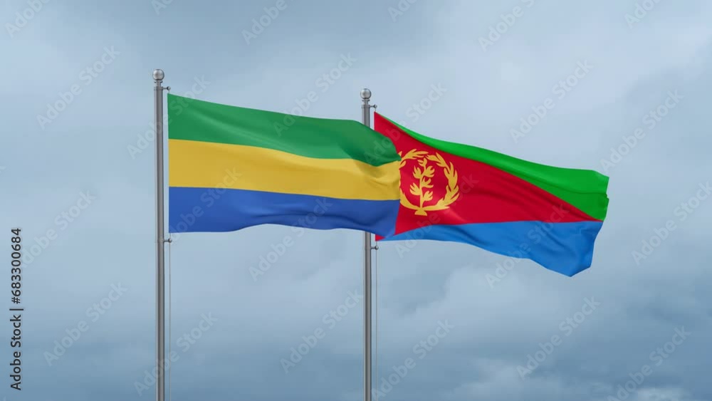 Eritrea and Gabon flag waving together on cloudy sky, endless seamless loop, two country cooperation concept Eritrea and Gabon flag waving together on cloudy sky, endless seamless loop, two country cooperation concept
