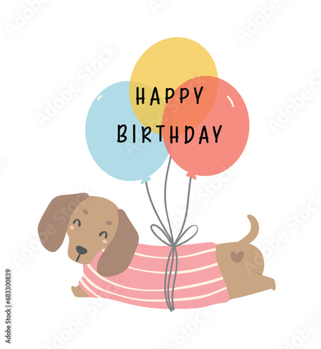 Cute Birthday card with Dachshund sausage Dog cartoon hand drawing flat design graphic illustration