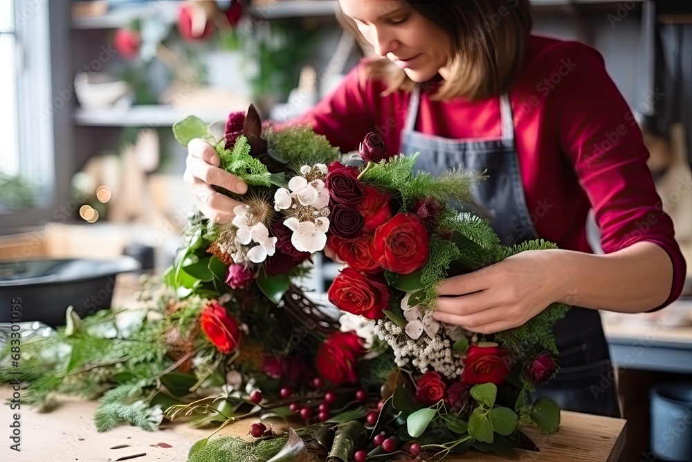 A woman florist decorates a Christmas wreath made of fluffy fir branches with ribbons and balls in a cozy workshop.