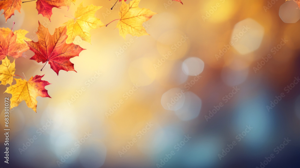 Red and yellow maple leaves on a dreamy background