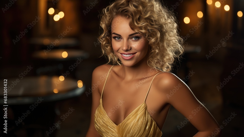 Vogue smiling girl with golden dress in nightclub