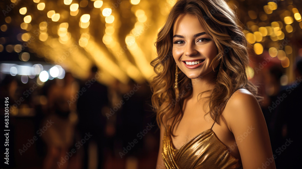 Vogue smiling girl with golden dress in nightclub