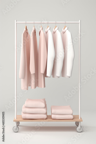 Rack with clothes on hangers isolated on flat pastel background with copy space. Creative vertical concept of designer clothes exhibition, branding of employees uniforms. © IndigoElf