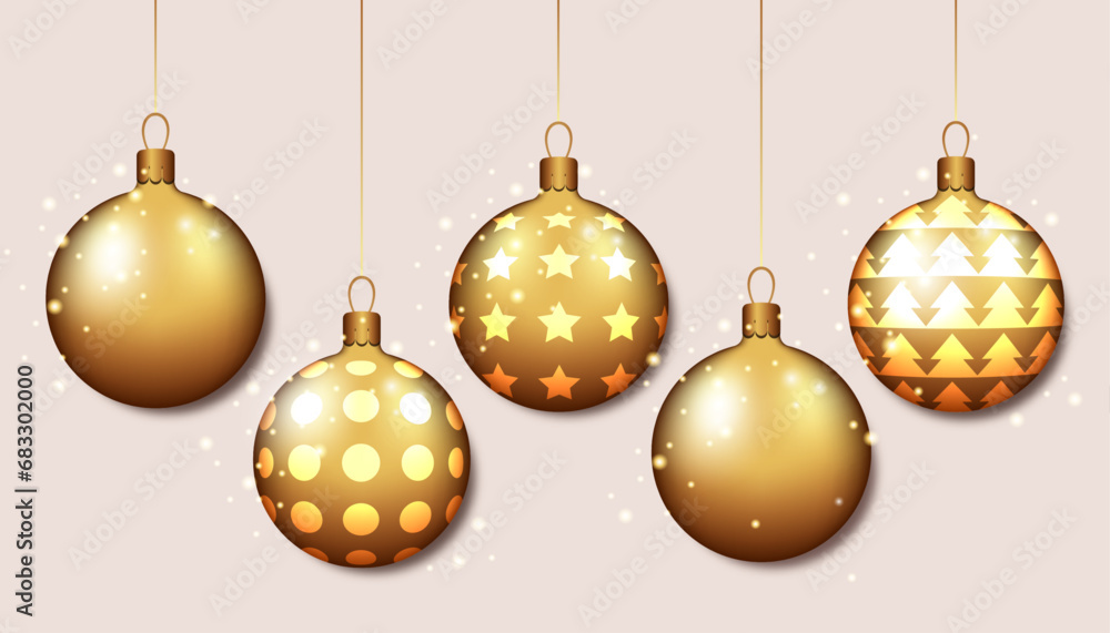 Set of gold baubles for Christmas and New Year cards and wishes 
