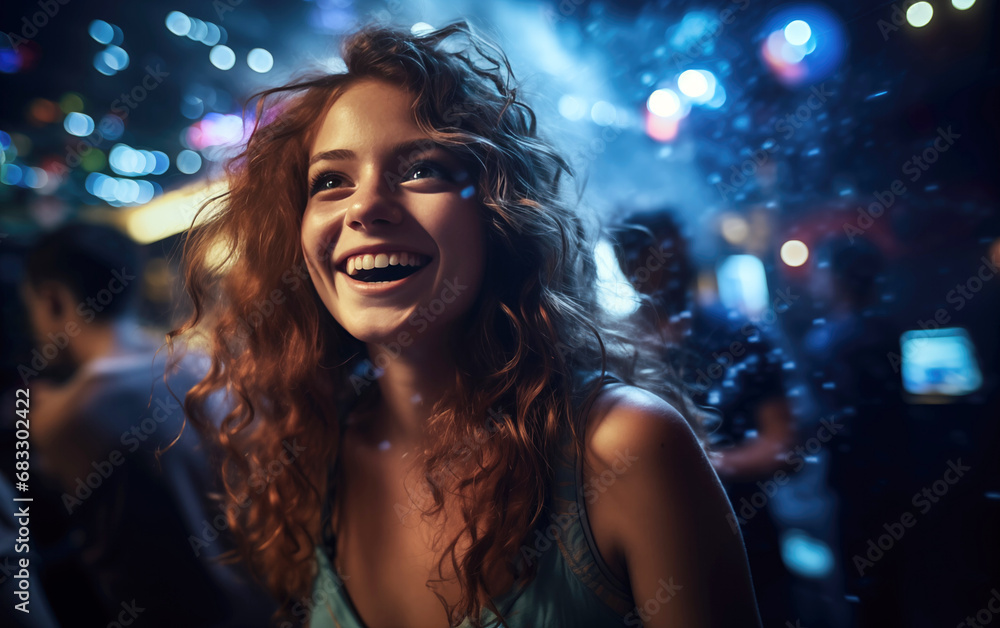 a red-haired laughing happy girl dancing in a nightclub